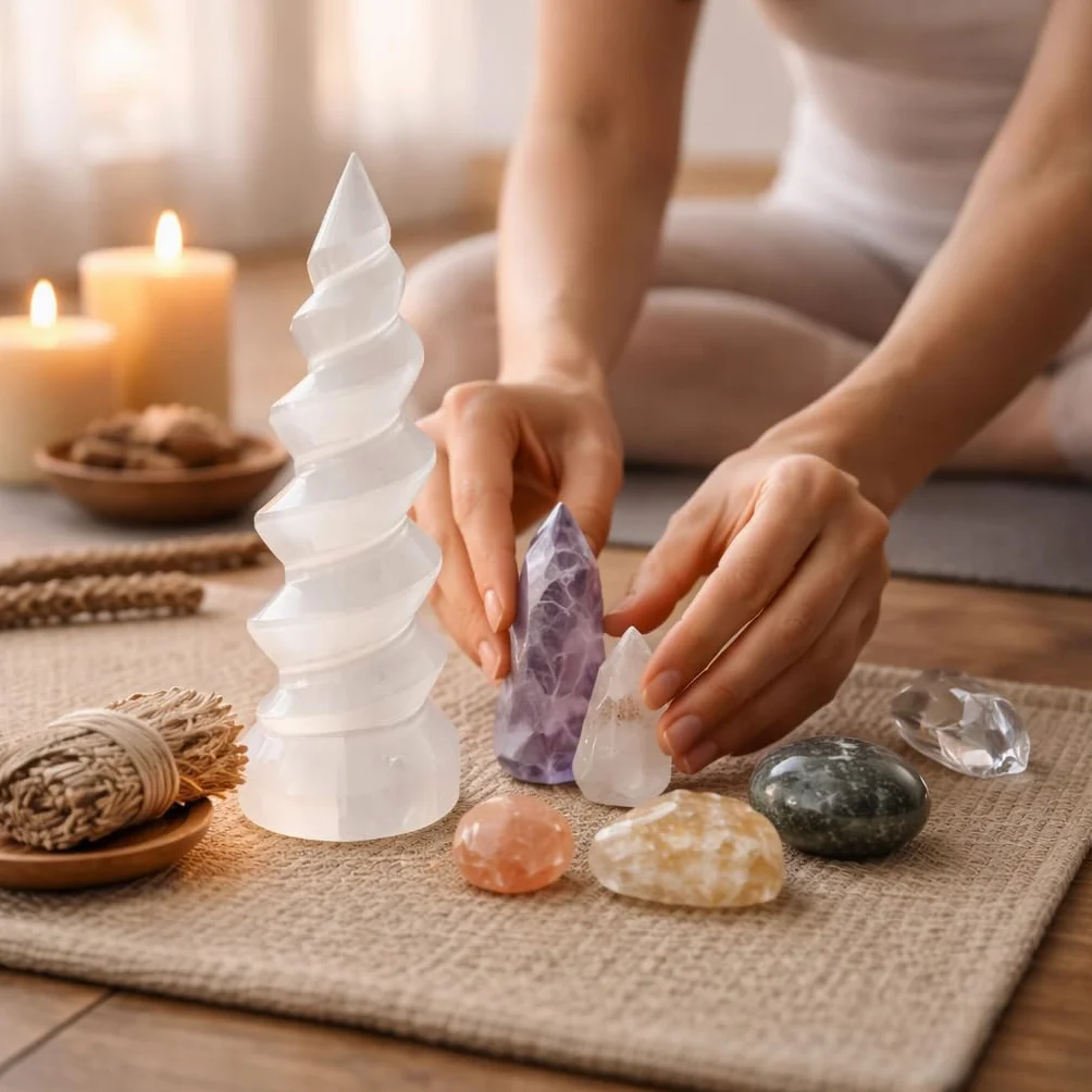 NKlaus Torre de selenita en espiral, 14 cm, piedra curativa para meditación, equilibrio de chakras y energía espiritual, decoración elegante y piedra protectora