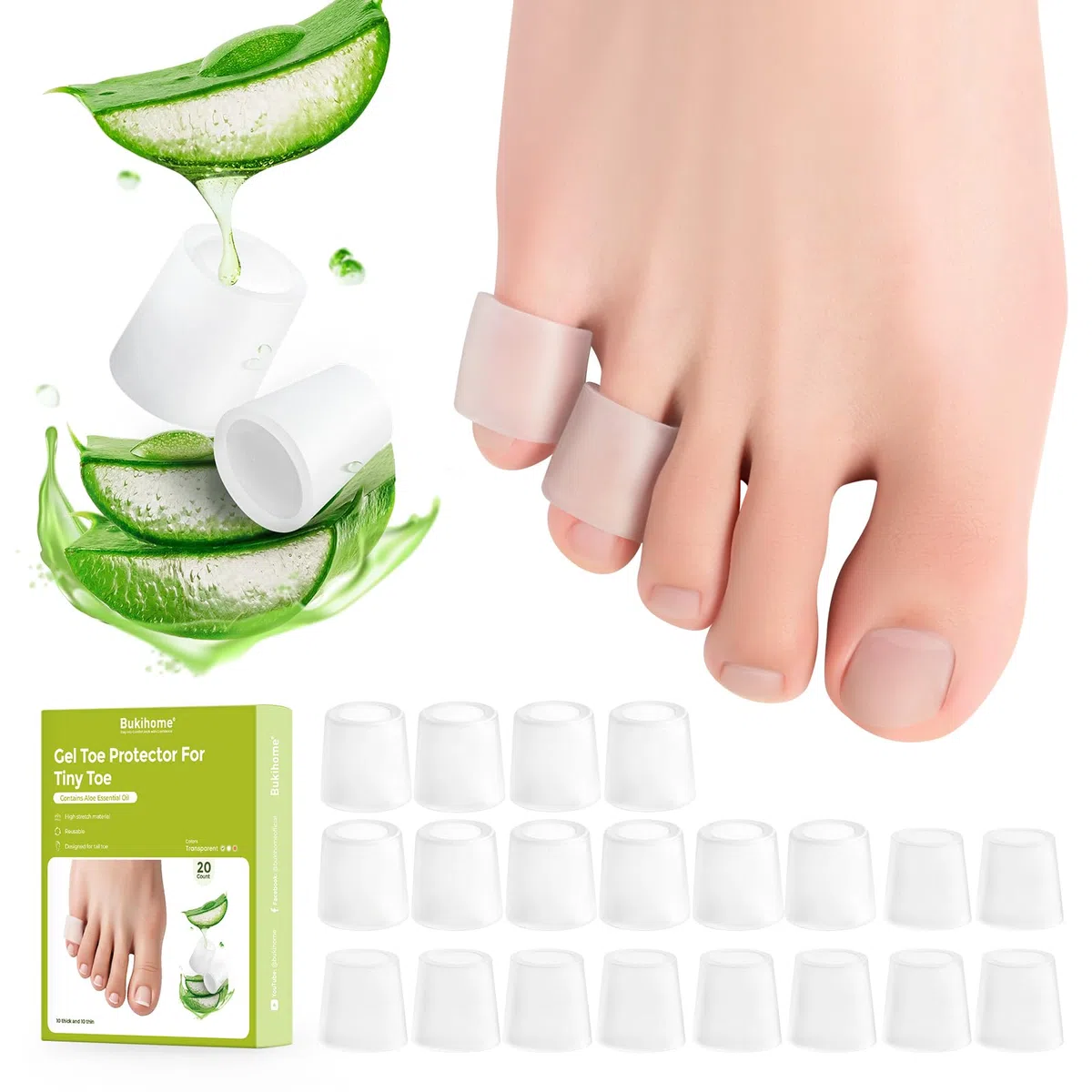 Bukihome Protectores de silicona para dedos de los pies, fundas abiertas de silicona para dedos en martillo, callos, ampollas, almohadillas protectoras de gel suave para aliviar el dolor, 20 unidades