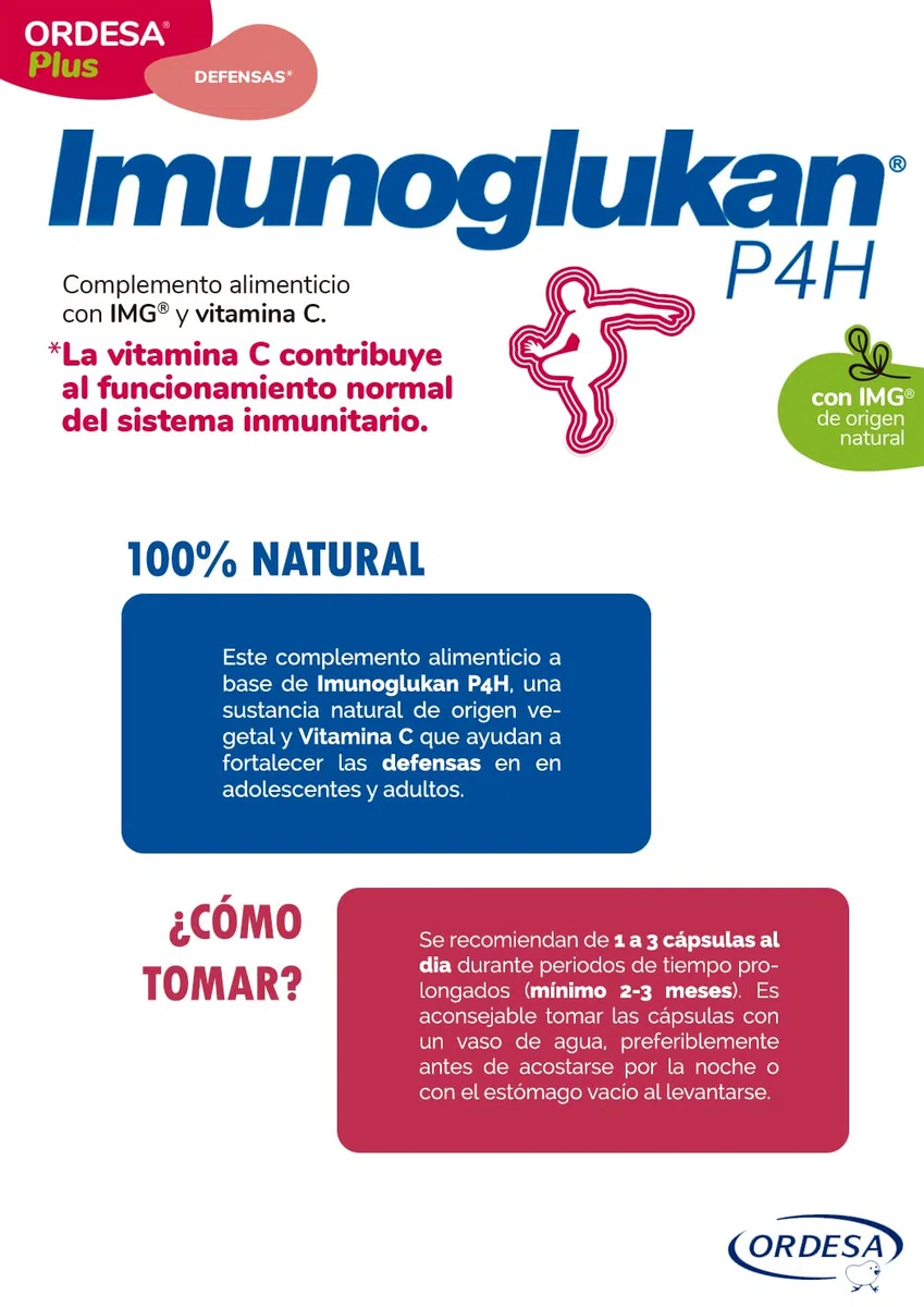 Imunoglukan P4H | 30 Cápsulas | Complemento Alimenticio con Vitamina C para fortalecer las Defensas de Niños a partir de 3 años y Adultos