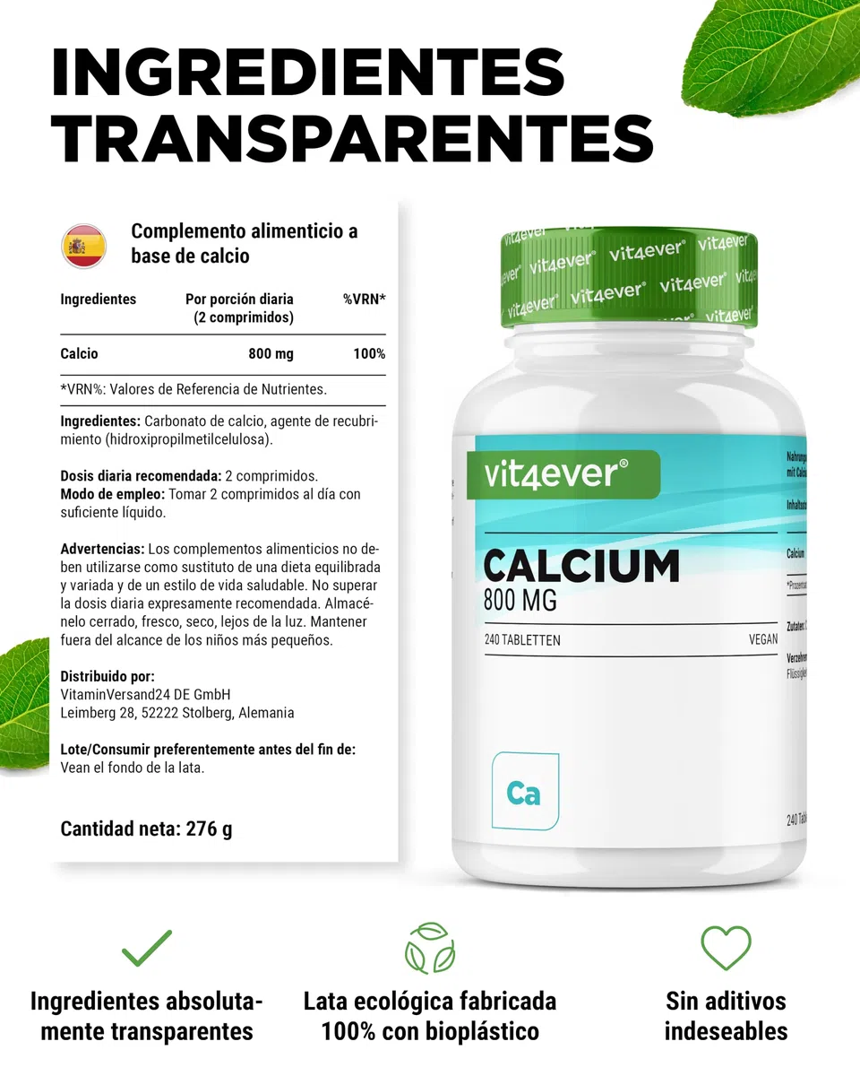 Calcio - 240 comprimidos - 800 mg de calcio procedente de carbonato cálcico por porción diaria - Para 4 meses - Vegano, de alta dosis y sin aditivos indeseables