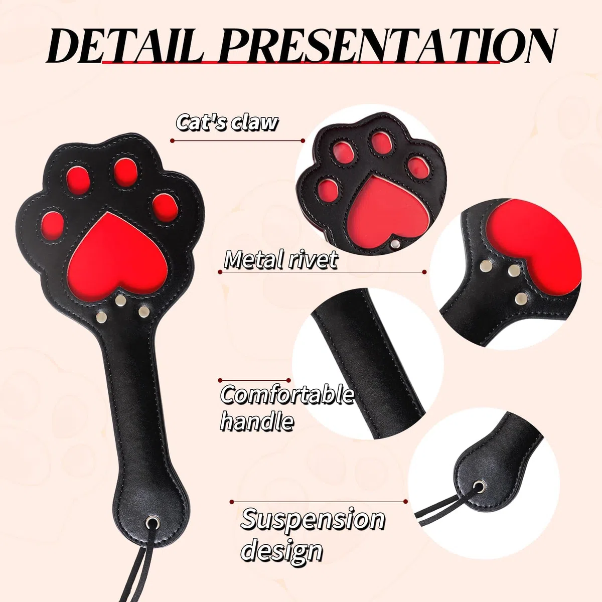 Bofetada de mano para abuso sexual con garra de gato en forma de corazón, paleta de azotes de cuero negro para parejas para mejorar los sentimientos Juegos de estimulación de condicionamiento SM