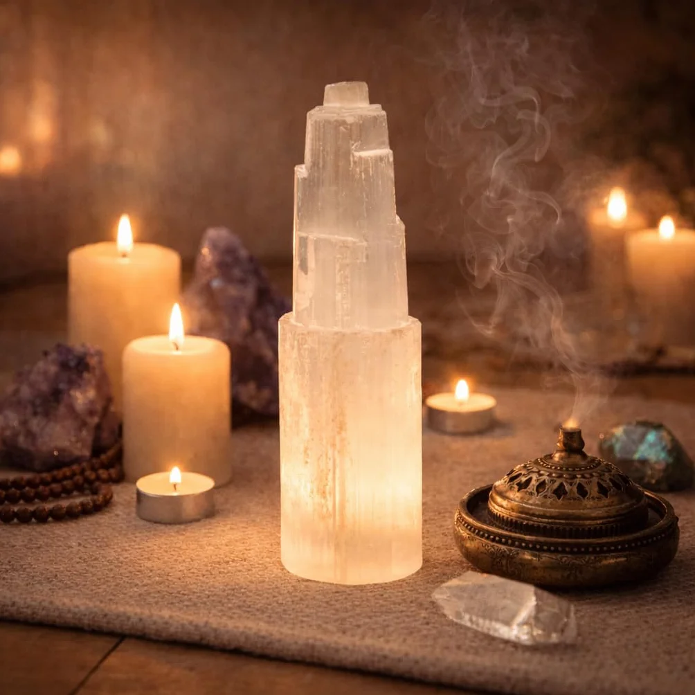 NKlaus Torre de cristal de selenita natural, 15 cm, para meditación, piedra preciosa, decoración 15312