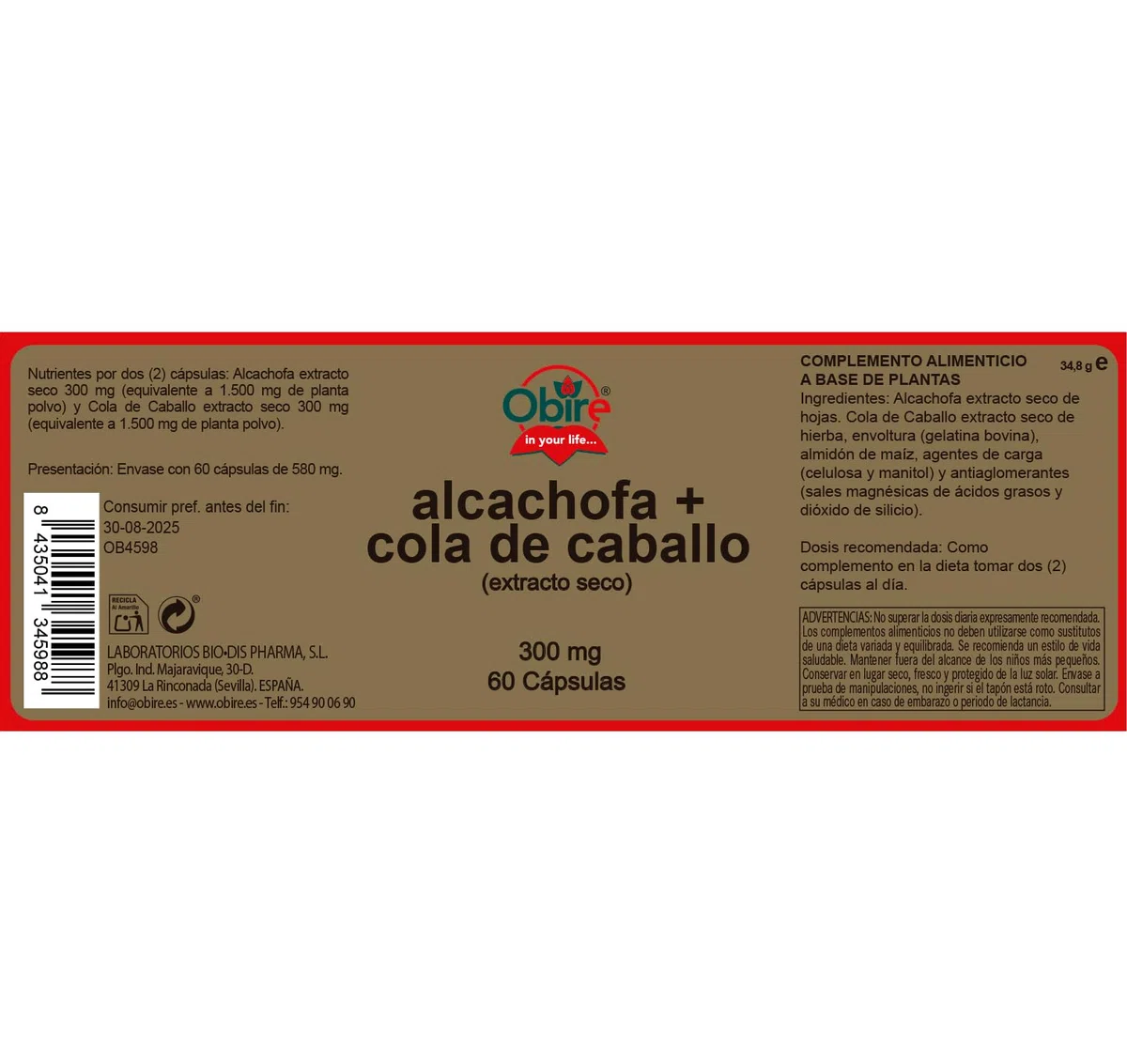 Obire | Alcachofa + Cola de Caballo 300 mg | 60 Cápsulas | Pack de 2 Unidades | Digestivo y Propiedades Remineralizantes