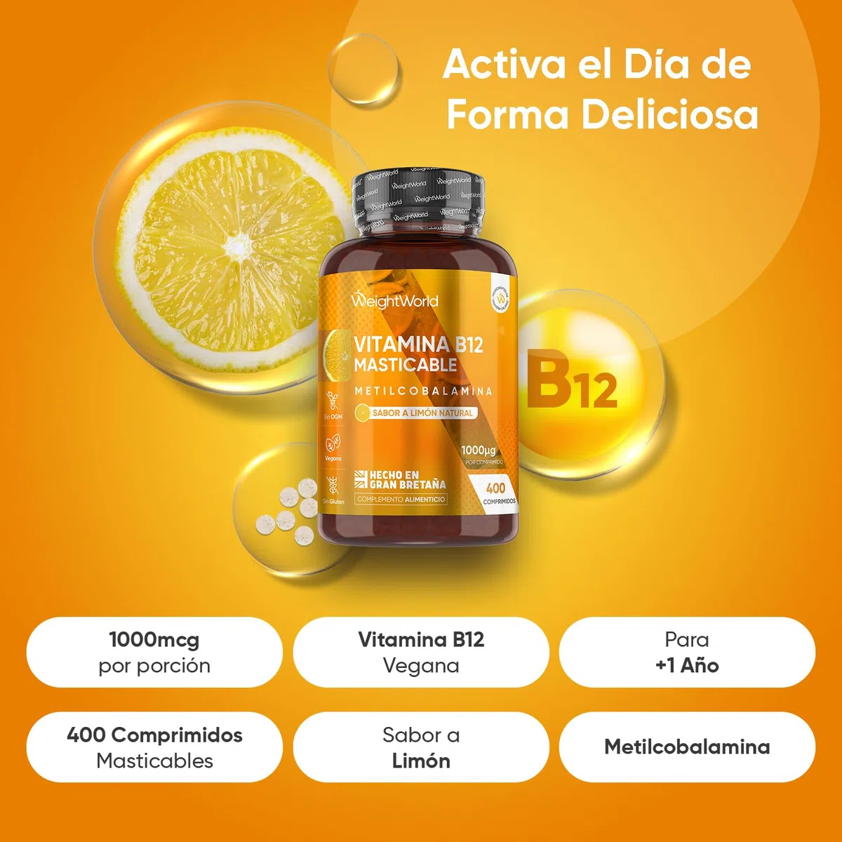 Vitamina B12 Masticable 1000mcg, 400 Comprimidos Veganos, Sabor a Limón Natural - Más de 1 Año de Suministro, B12 Metilcobalamina, Sin OGM ni Gluten