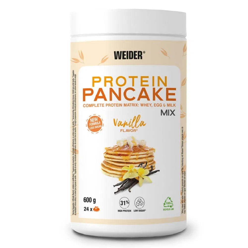 Weider Protein Pancake Mix. Tortitas De Harina De Avena Integral, Enriquecidas Con Proteinas. Sabor Vainilla, color Blanco, 600 ml