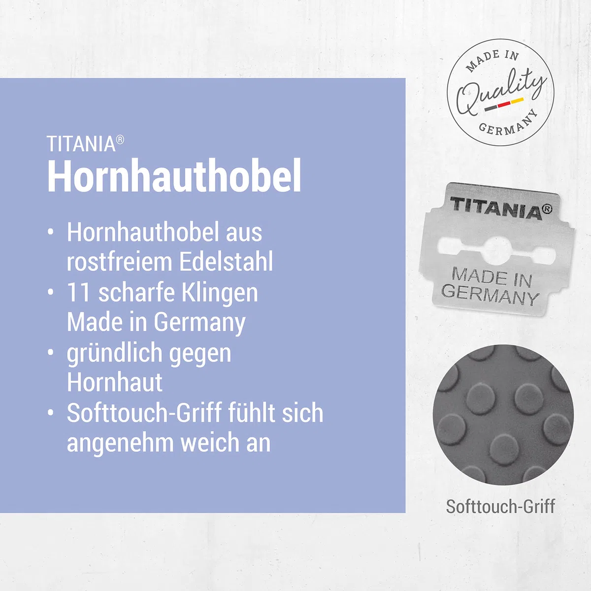 TITANIA Cortador de callos con 10 cuchillas de repuesto • Eliminador de callos de acero inoxidable • Cortador de calidad • Fabricado en Alemania
