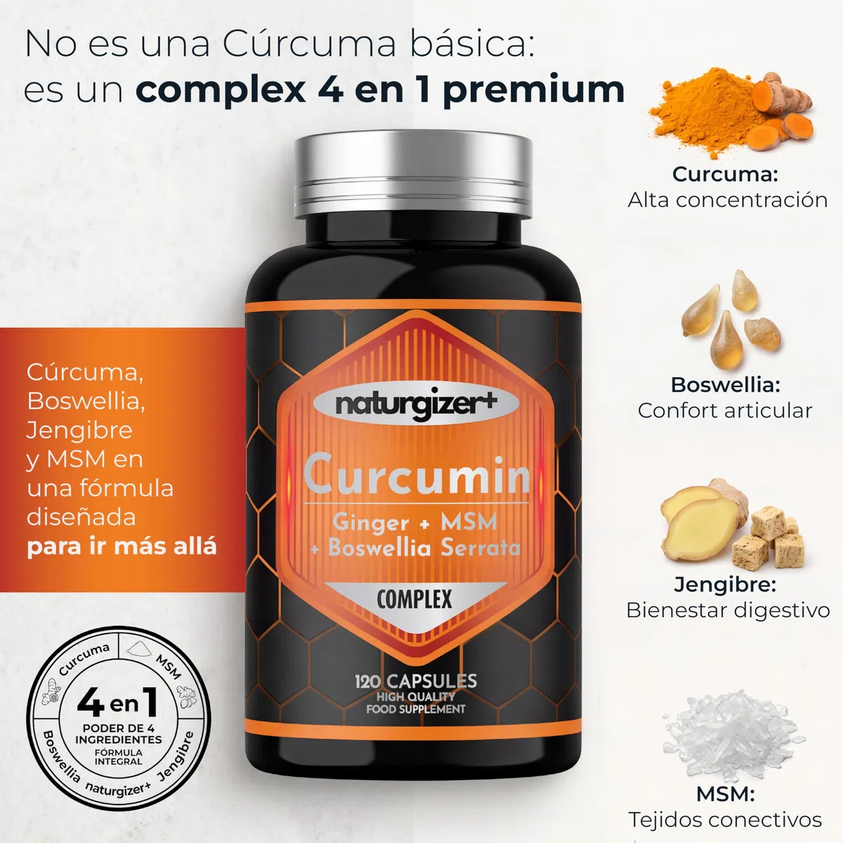 Cúrcuma LIPOSOMAL Complex con Jengibre, Boswellia, MSM | Alta Absorción | Apoyo Premium para Articulaciones, Músculos y Digestión | Curcumina en Cápsulas Vegetales |120 Cápsulas (60 Días) Naturgizer+