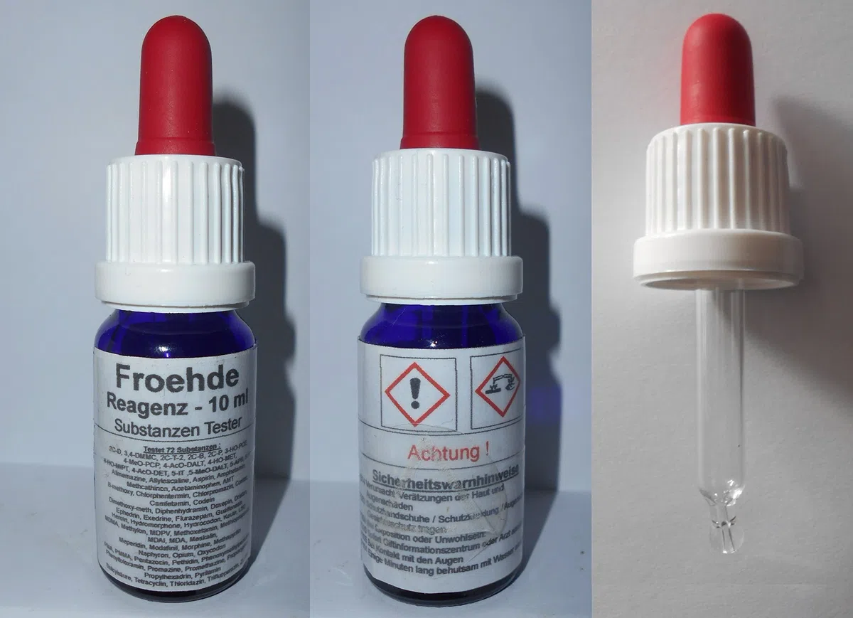 Prueba rápida para drogas y sustancias, test con escala de colores – Reactivo Froehde 10 ml – Testa 72 sustancias y drogas – Para aprox. 50 aplicaciones