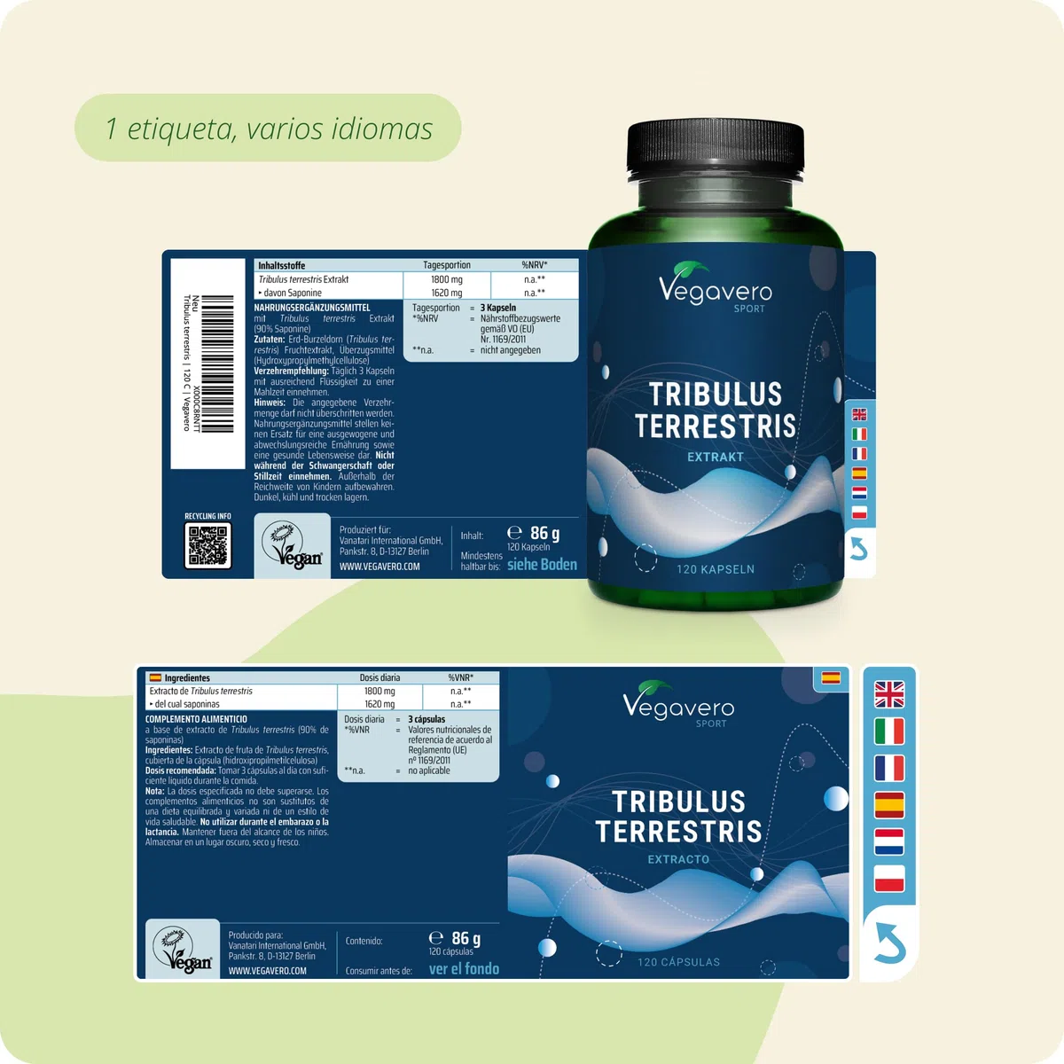 Tribulus Terrestris PURO | 10.800 mg | 90% Saponinas | Masa Muscular | Potenciador + Energizante | Testado en Laboratorio | Sin Aditivos & Vegano | 120 Capsulas | Vegavero