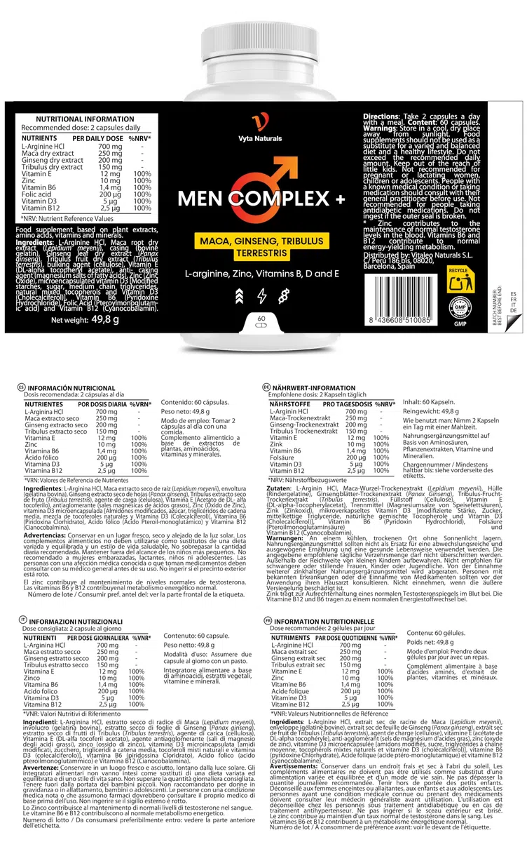 Testosterona Hombre - Energía, Rendimiento Físico, Vitalidad Masculina - Con Maca, Tribulus Terrestris, Ginseng, L arginina, Zinc, Vitaminas B, D y E