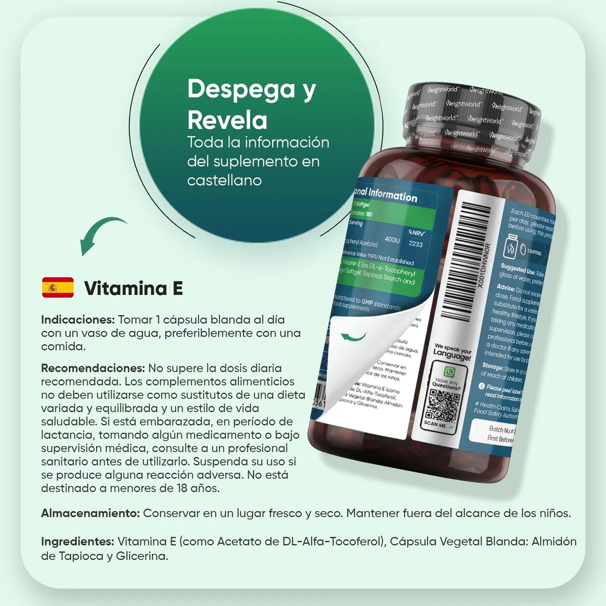 Vitamina E 400UI, 180 Cápsulas Veganas para 6 Meses - Acetato de DL-α-Tocoferol, La Vitamina E Contribuye a Proteger las Células del Estrés Oxidativo, Sin OGM