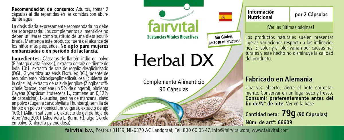 fairvital Cáscara de psyllium, extracto de raíz de diente de león y más, 90 cápsulas, con clorela