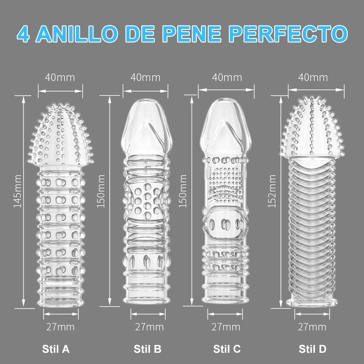 QUEEN'S STORY Funda Pene Silicona Transparente Texturada, Alargador de Pene Reutilizable Granulado Completo, Estimulación Intensiva, Eyaculación Retardada for Men and Women