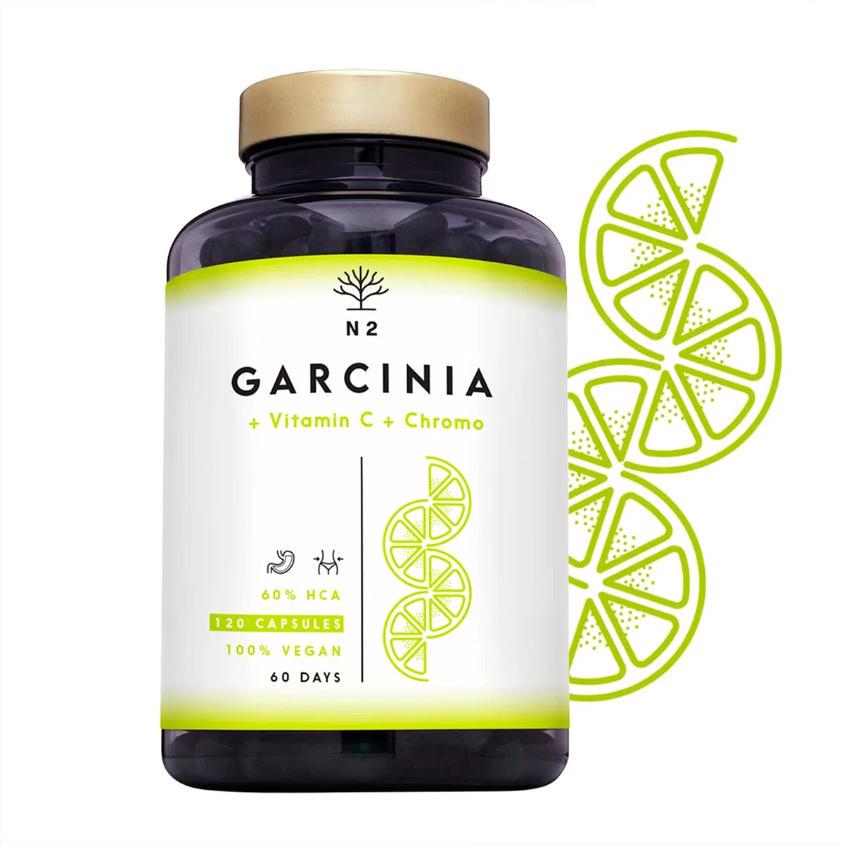 Garcinia Cambogia 60% HCA + Vitamina C y Cromo. Suplemento Natural para Adelgazar y Controlar el Apetito. 120 Cápsulas veganas. N2 Natural Nutrition