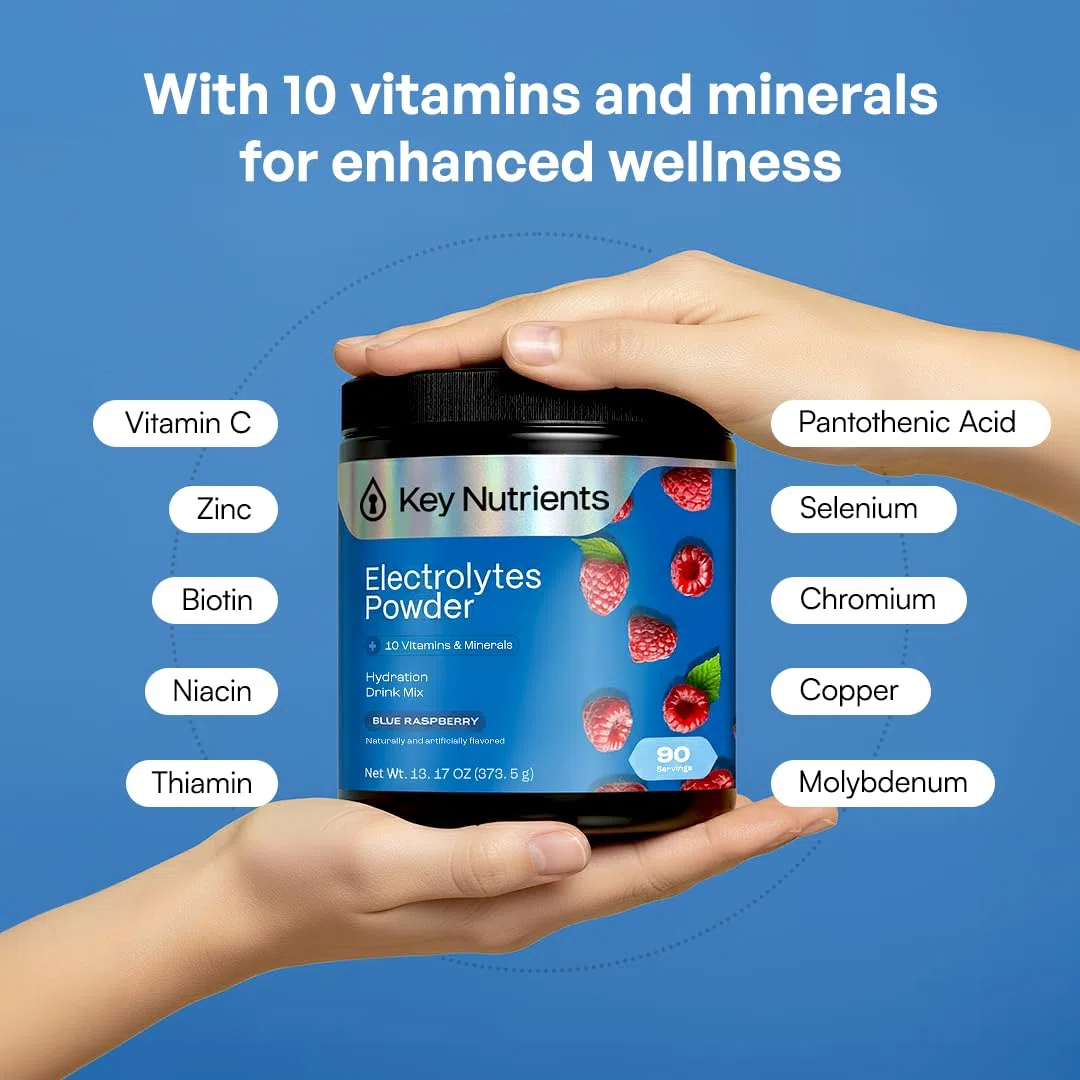 Key Nutrients Polvo de electrolito - Frambuesa azul - 90 porciones - Electrolitos sin azúcar - Keto Electrolitos Deporte: Sin Gluten Sin Azúcar - Adición: Magnesio, Potasio - Electrolitos en Polvo
