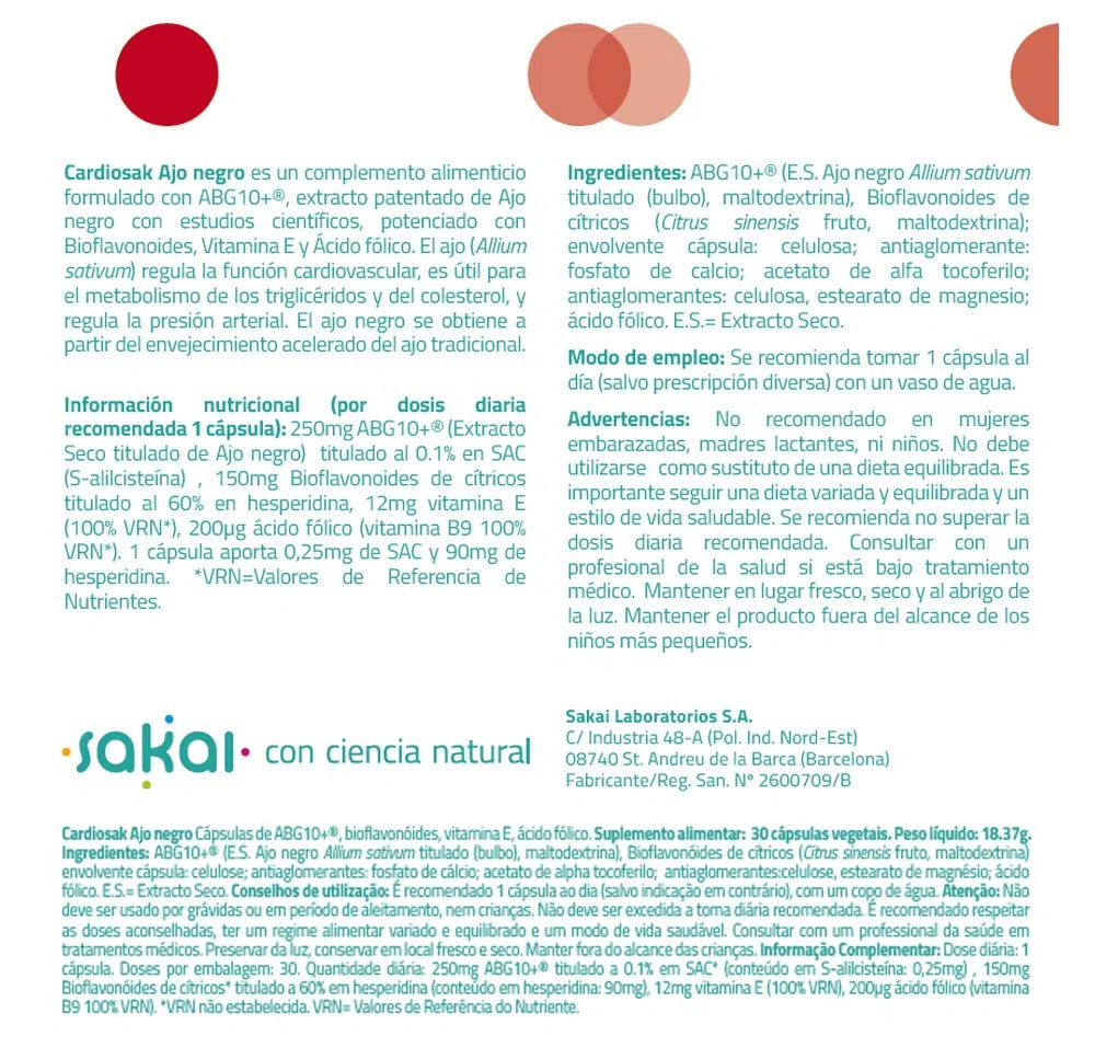 Sakai Cardiosak Ajo Negro | ABG10+ con Bioflavonoides, Vitamina E y Ácido Fólico | Apoyo Cardiovascular, Colesterol y Triglicéridos | Sin Olor ni Sabor