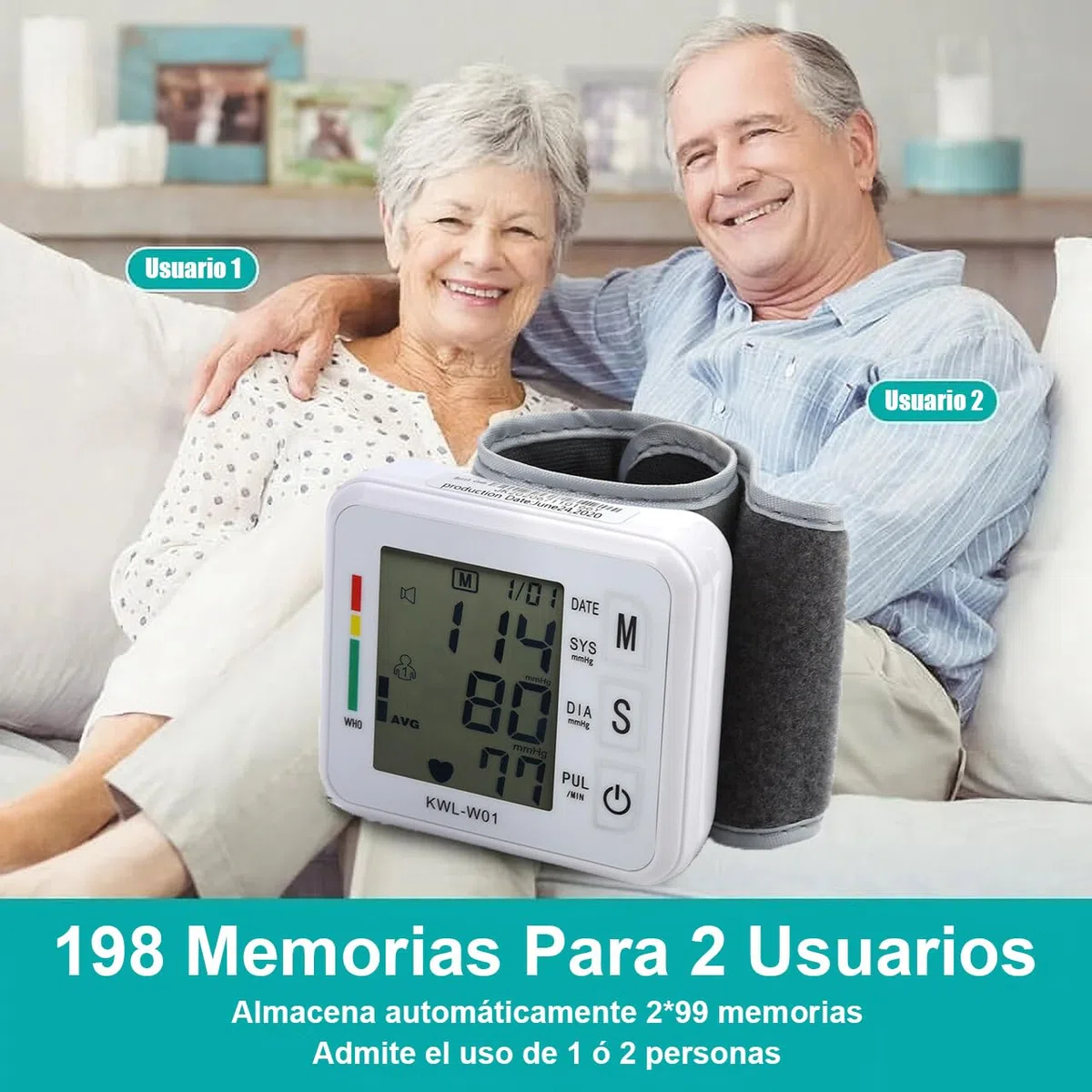 Tensiometro de Muñeca, Tensiómetro Digital Ajustable Medición Totalmente Automática Tensión Arterial de Muñeca fácil de usar - Para 2 Usuarios Gran Pantalla Memoria