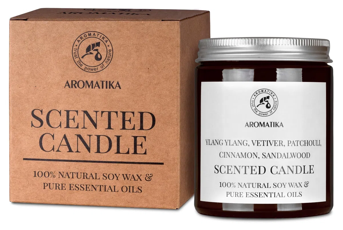Vela Perfumada con Aceites Esenciales de Ylang Ylang & Vetiver & Pachulí y Canela 150g - Vela de Cera de Soja - Aroma de Relajación - Fragancia para Hogar - Idea para Cumpleaños - Navidad