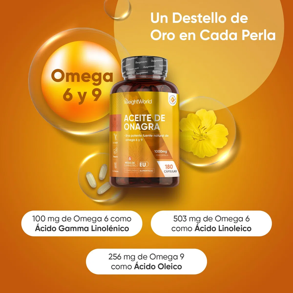Perlas de Aceite de Onagra 1000mg - 180 Cápsulas, Fuente Natural de Omega 6 y 9 - El Ácido Linolénico Contribuye a Mantener Niveles Normales de Colesterol en Sangre (EFSA) - Prensadas en Frío, Vegano