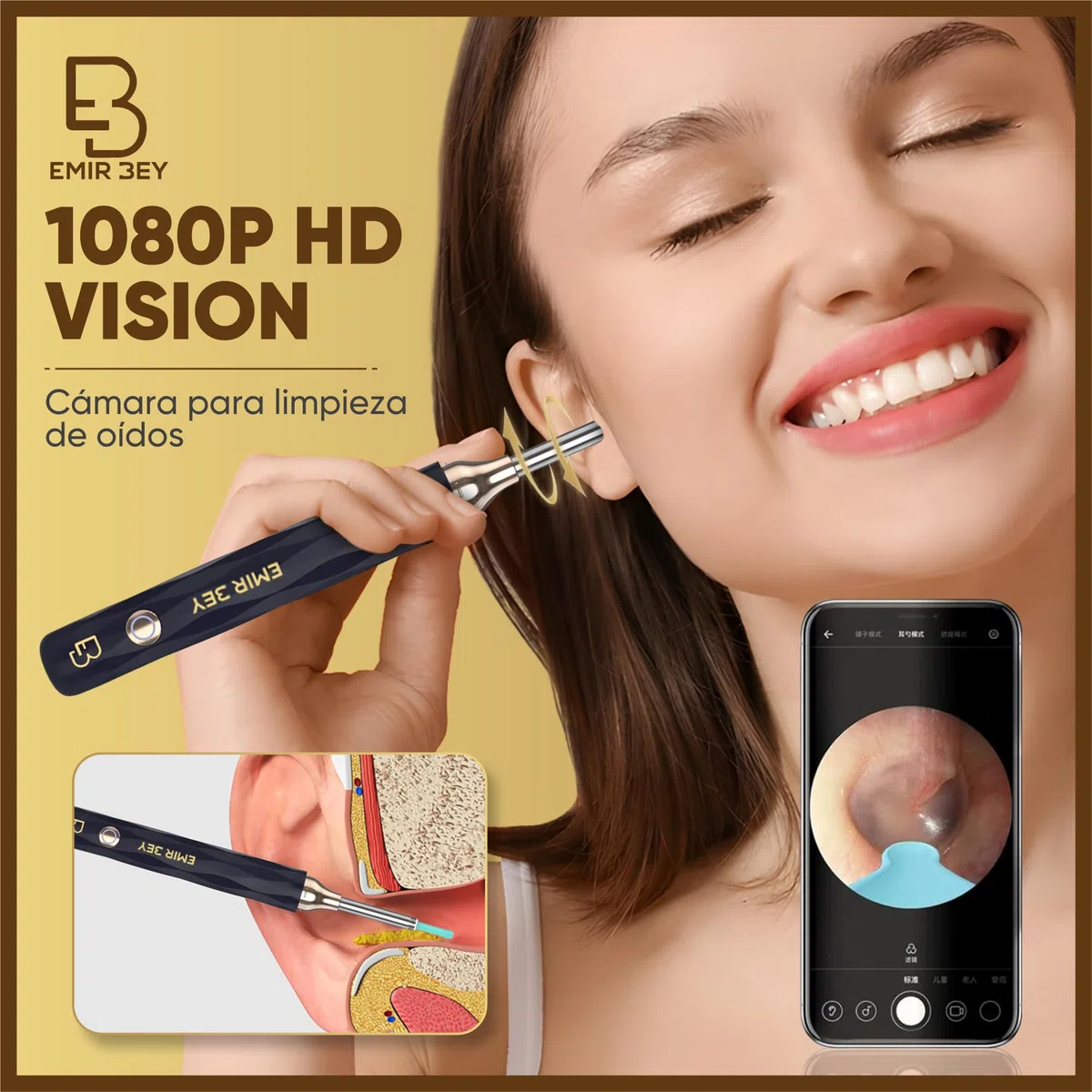 Otoscopio Limpiador de Oídos con Cámara 1080P WiFi – 3,5mm, 6 LED, 6 Puntas de Silicona, Kit Completo para Adultos y Niños, Compatible con iPhone y Android – Limpia Oídos Cera con Precisión