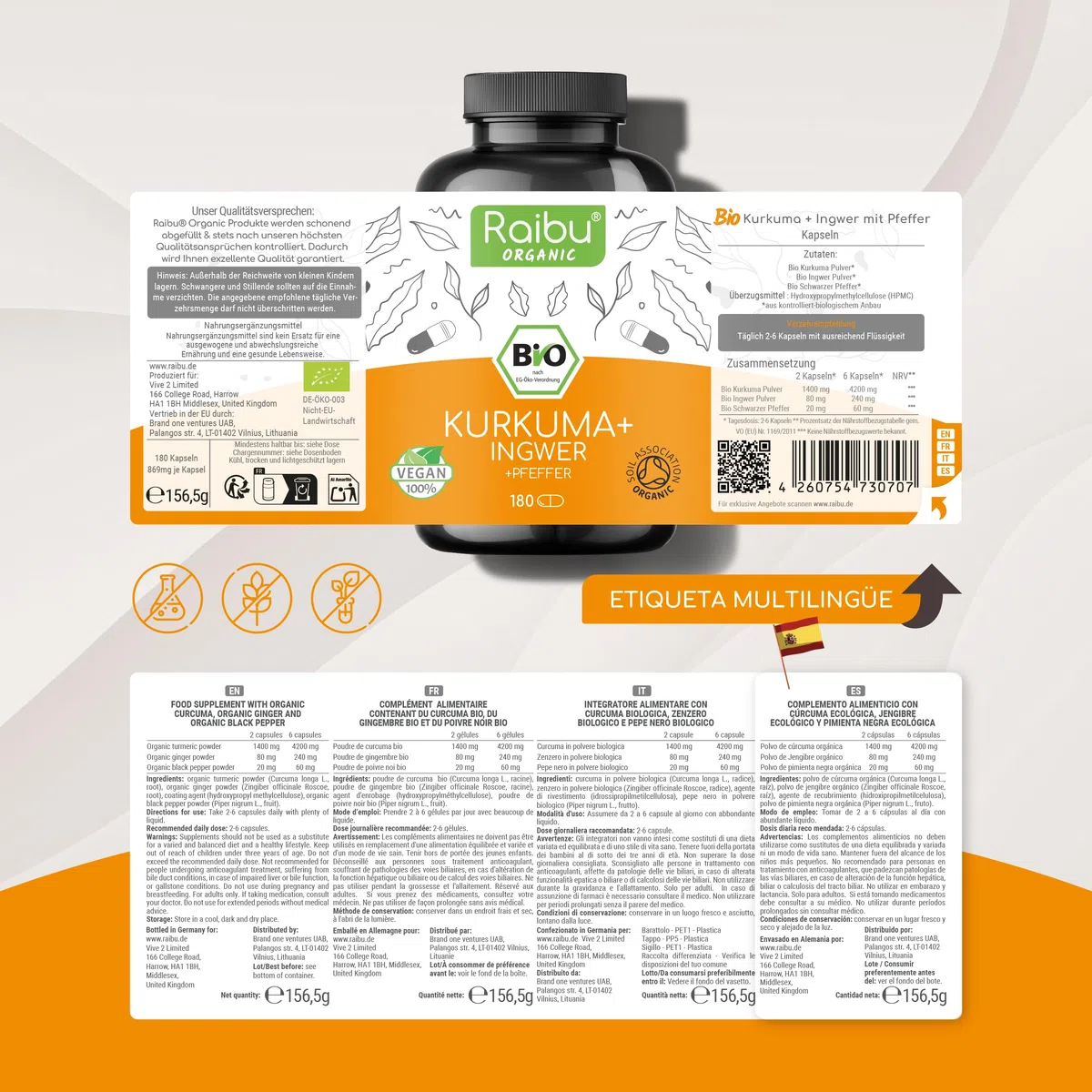 Cúrcuma con jengibre y pimienta negra Orgánica, 1500mg - Antiinflamatorio Natural - 180 Cápsulas de Curcuma, jengibre y pimienta negra - Certificación Ecológica, Probada en Laboratorio