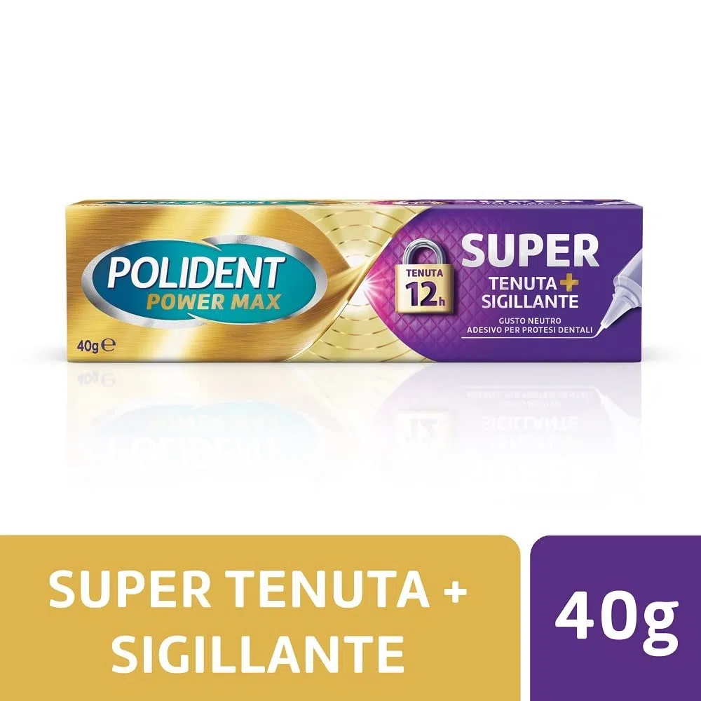 Polident Super sellado + sellador, adhesivo para prótesis dental, 12 horas de duración diaria, sabor neutral, paquete de 3 x 40 g