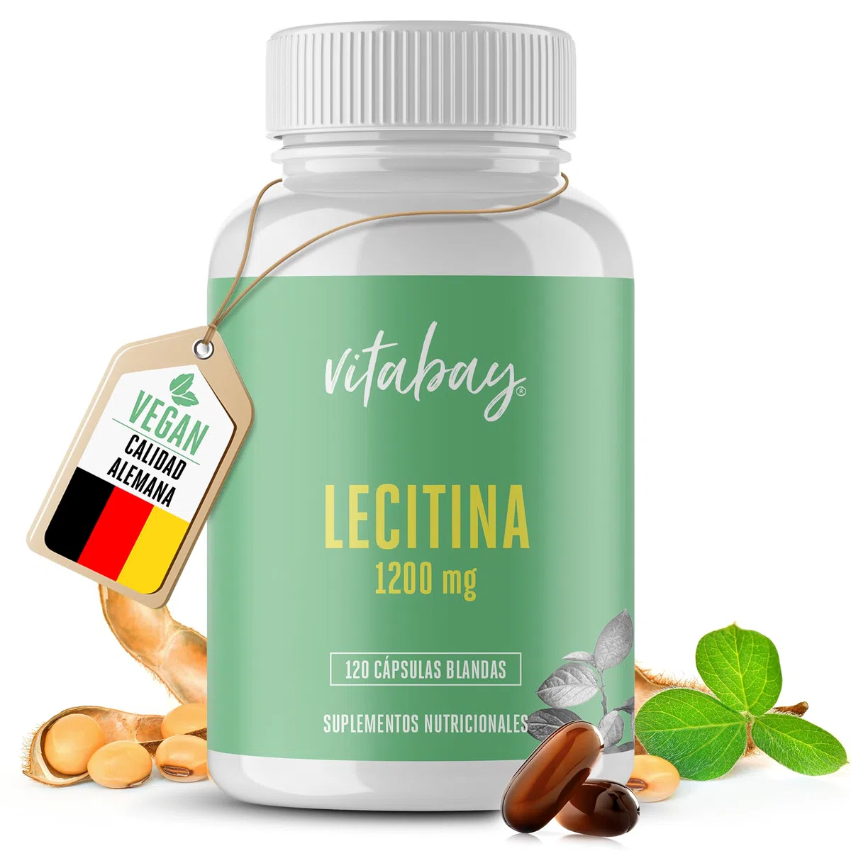 Vitabay Lecitina 1200 mg - 120 cápsulas blandas veganas - fosfatidilcolina de soja con vitamina E - sin gluten ni lactosa - sin OGM - analizado en laboratorio en Alemania - 4 meses