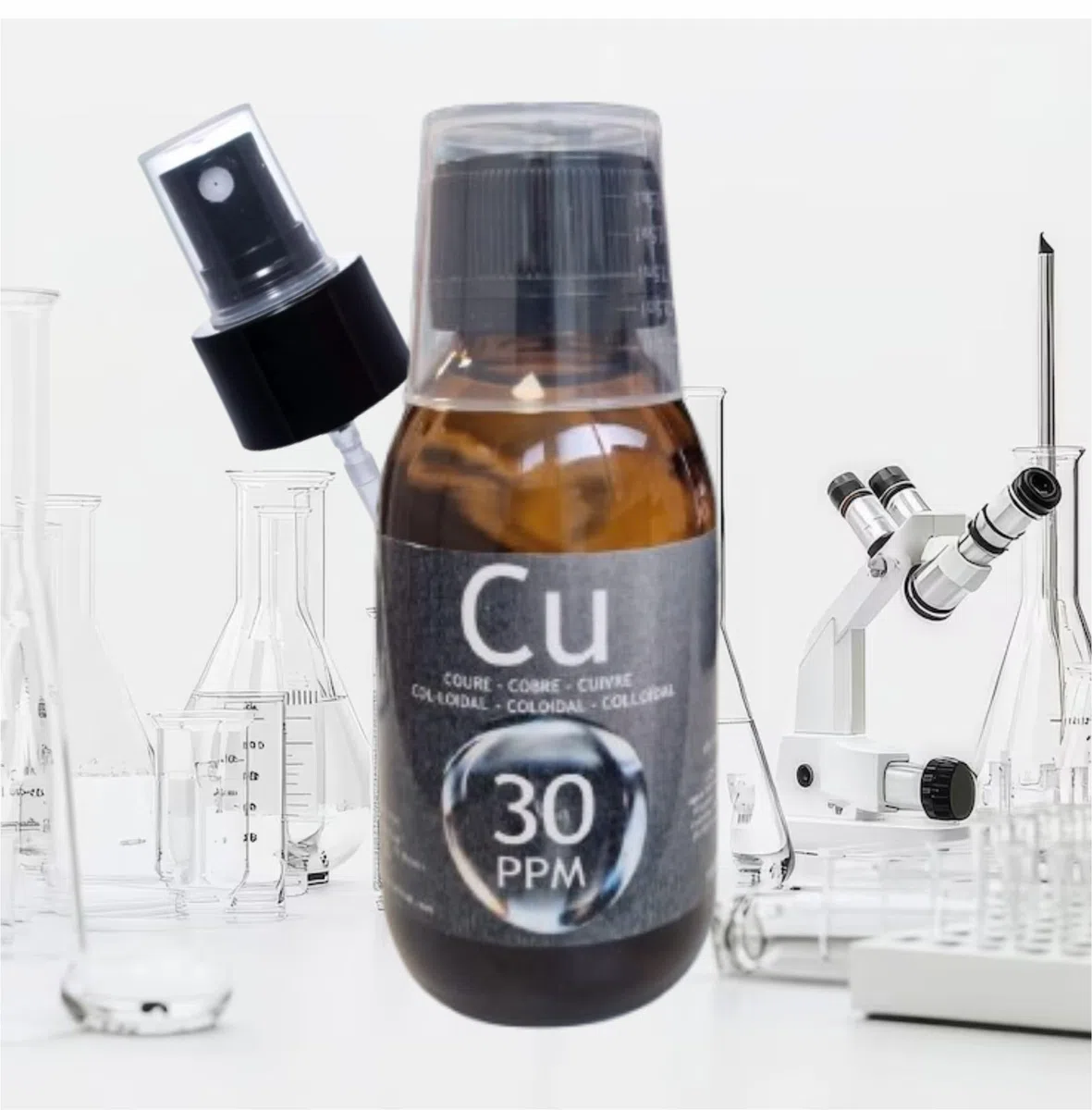 Cobre coloidal artesanal 30 PPM, 100 ml + vaporizador. Con certificado de autenticidad. ESNUTRIENTLAB. 99,99% de pureza.