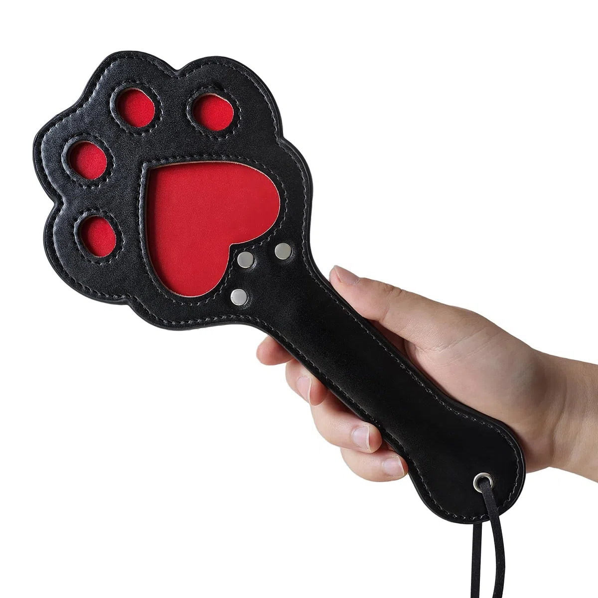 Bofetada de mano para abuso sexual con garra de gato en forma de corazón, paleta de azotes de cuero negro para parejas para mejorar los sentimientos Juegos de estimulación de condicionamiento SM
