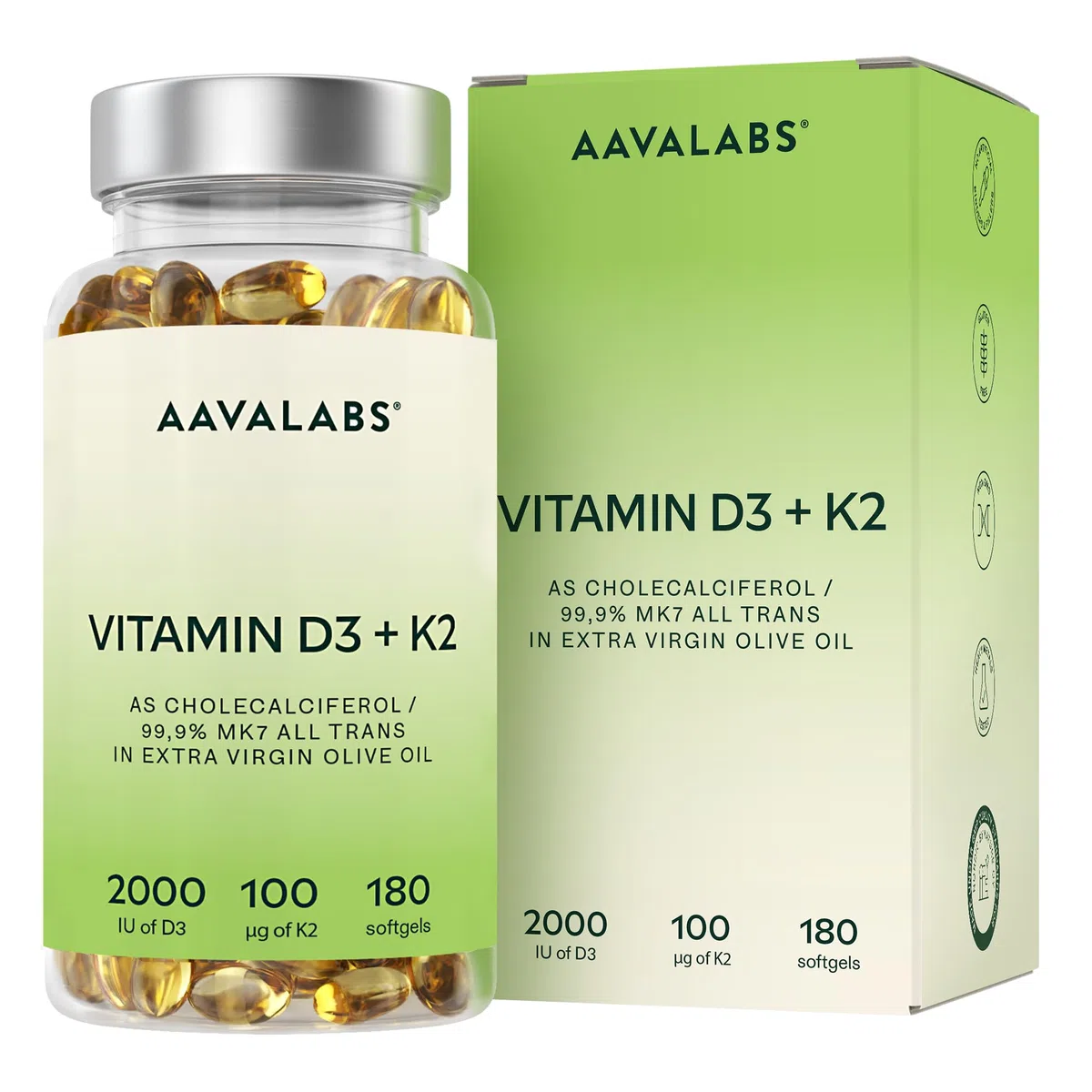Vitamina D3 y K2 con Aceite de Oliva Virgen Extra para una Absorción Óptima (2.000 UI Vitamina D + 100 μg Vitamina K2 MK7) – 180 Cápsulas Concentradas de Vitamina D3 K2 sin OGM, Gluten o Lactosa