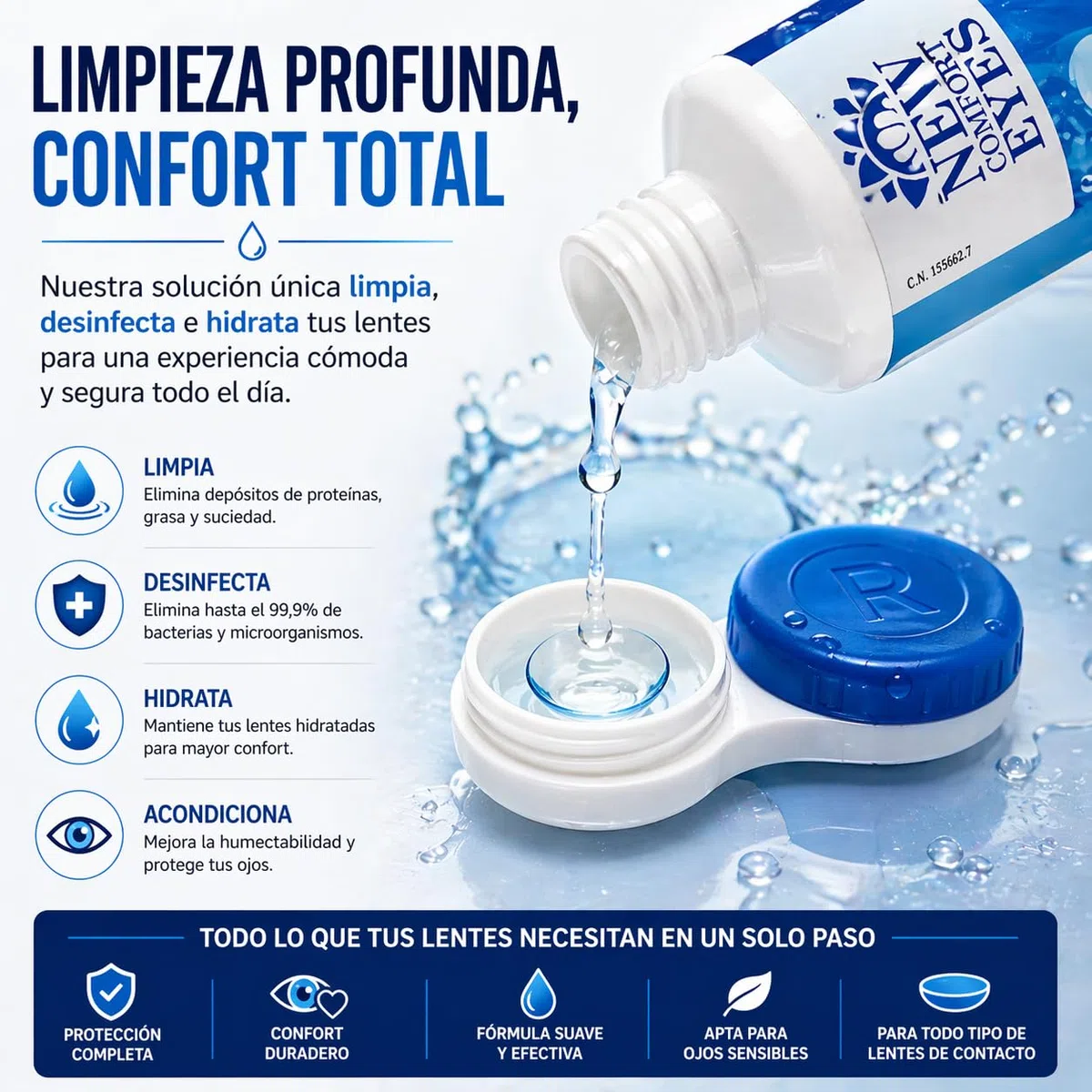 EYES Solución Única para Lentes de Contacto – Pack Ahorro 2+1 (2x360ml + 1x60ml) – Limpia, Desinfecta e Hidrata – Con Portalentillas – Para Todo Tipo de Lentes