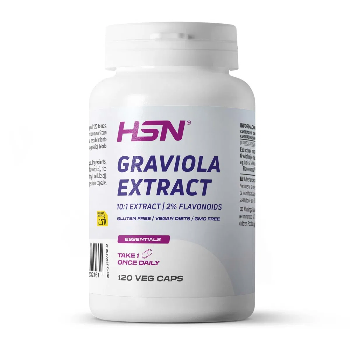 HSN Graviola (Guanábana) 500mg | 120 Cápsulas Vegetales | Extracto 10:1 de Annona muricata Estandarizado al 2% Flavonoides | Equivalente a 5000mg Fruta Madura | Suplemento Vegano Sin Gluten