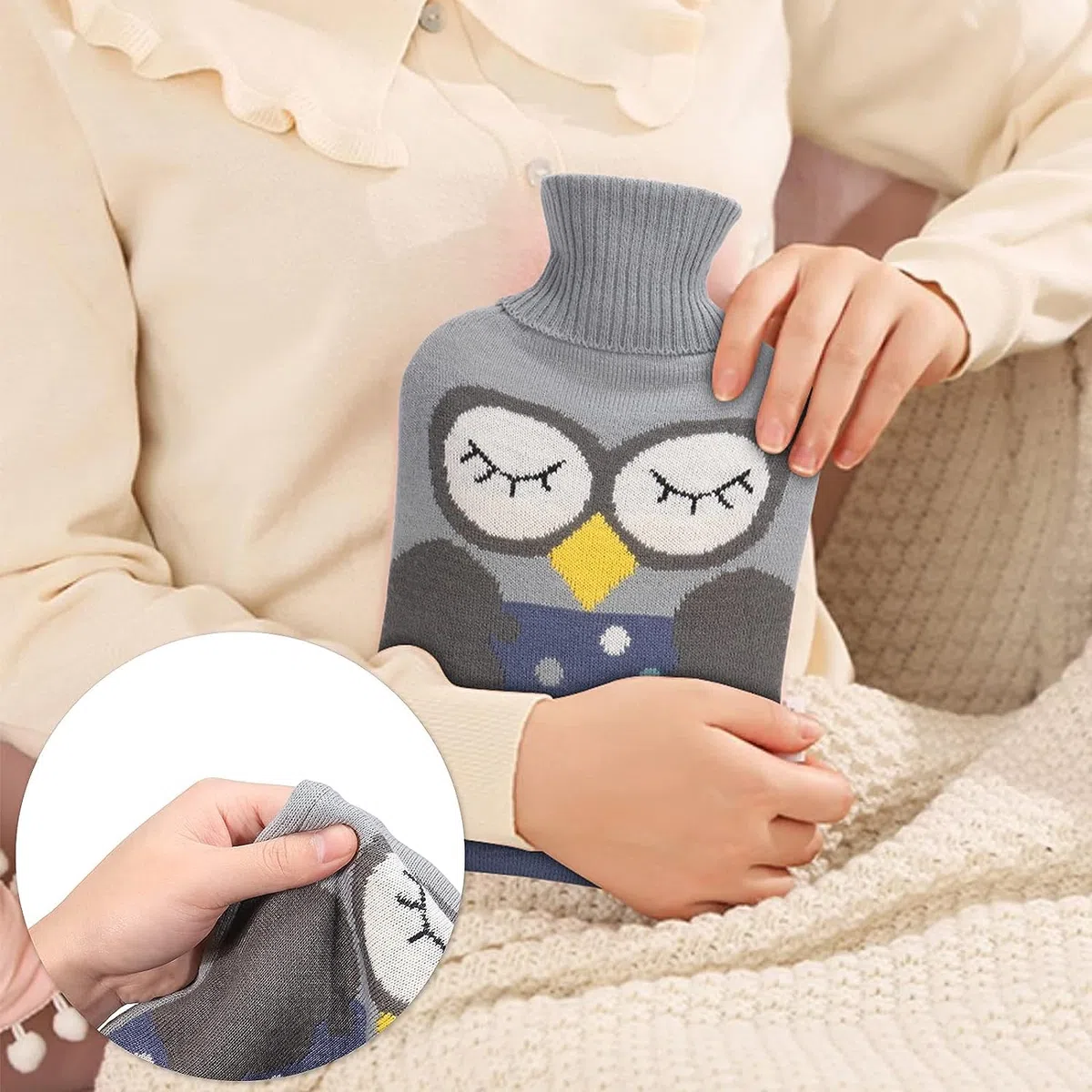 2 Piezas Bolsa de Agua Caliente, 1L Botella de Agua Caliente con Funda de Punto Extraíble Goma Agua Caliente Bolsa Bolsa de agua caliente extraíble y lavable para Noches Frías de Invierno