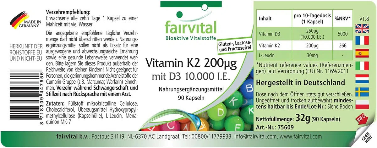 fairvital Vitamina D3 + K2, 90 cápsulas, fáciles de tragar, vitamina D3 10 000 UI de liberación prolongada + vitamina K2 MK-7 200 mcg por cápsula, ALTA DOSIS, solo 1 cápsula cada 10 días