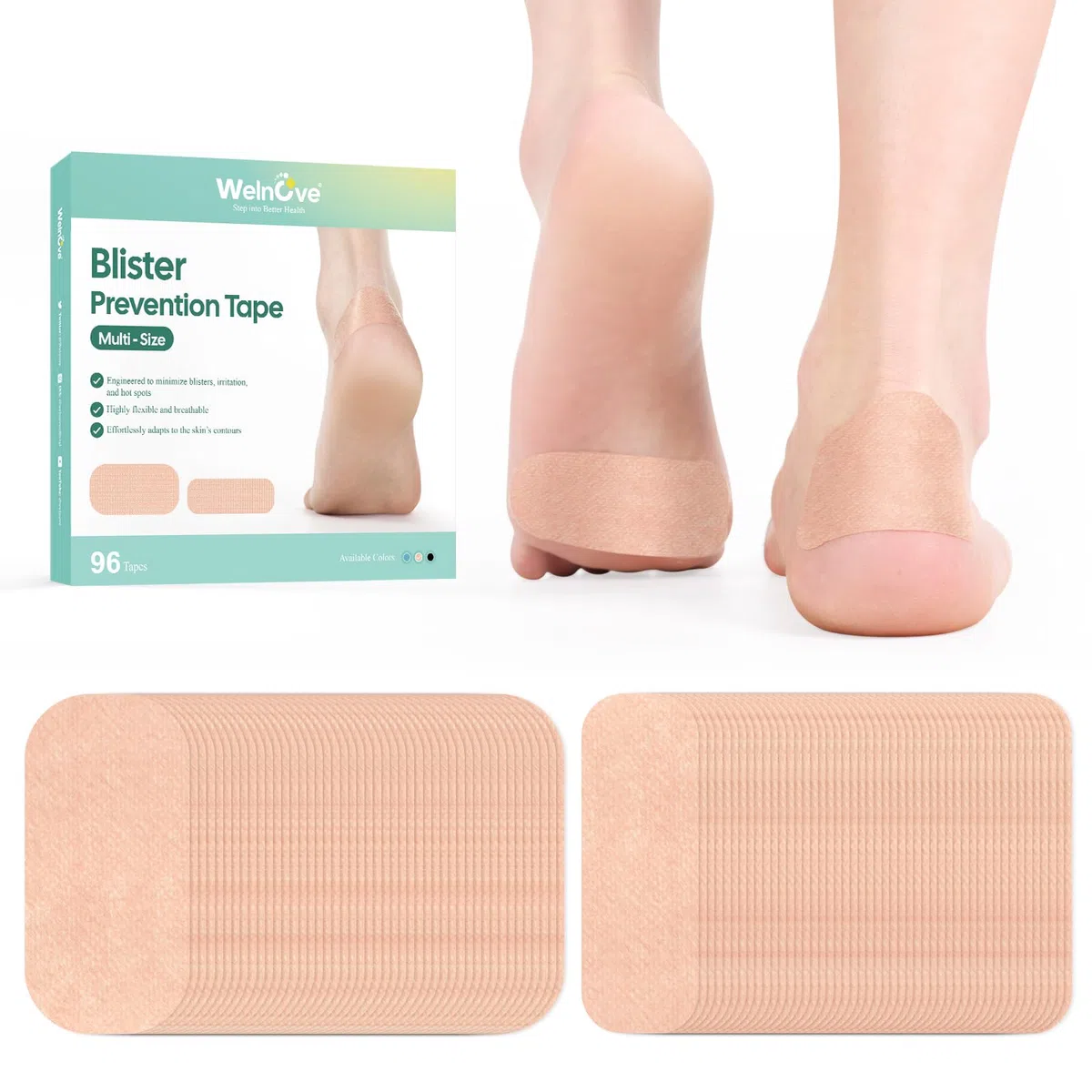 Welnove Cinta Moleskin para la Prevención de Ampollas – 96 Hojas Acolchadas para el Cuidado de los Pies – Fieltro Adhesivo Podología y Protector de Callos – Protección para el Talón, Dedos