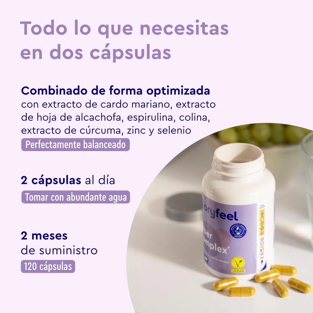 Liver Complex - Cardo Mariano 500mg (80% de Silimarina) y COLINA + Alcachofa, Cúrcuma, Espirulina, Zinc y Selenio - Complejo para el hígado* - 120 Cápsulas Veganas - Probado en laboratorio