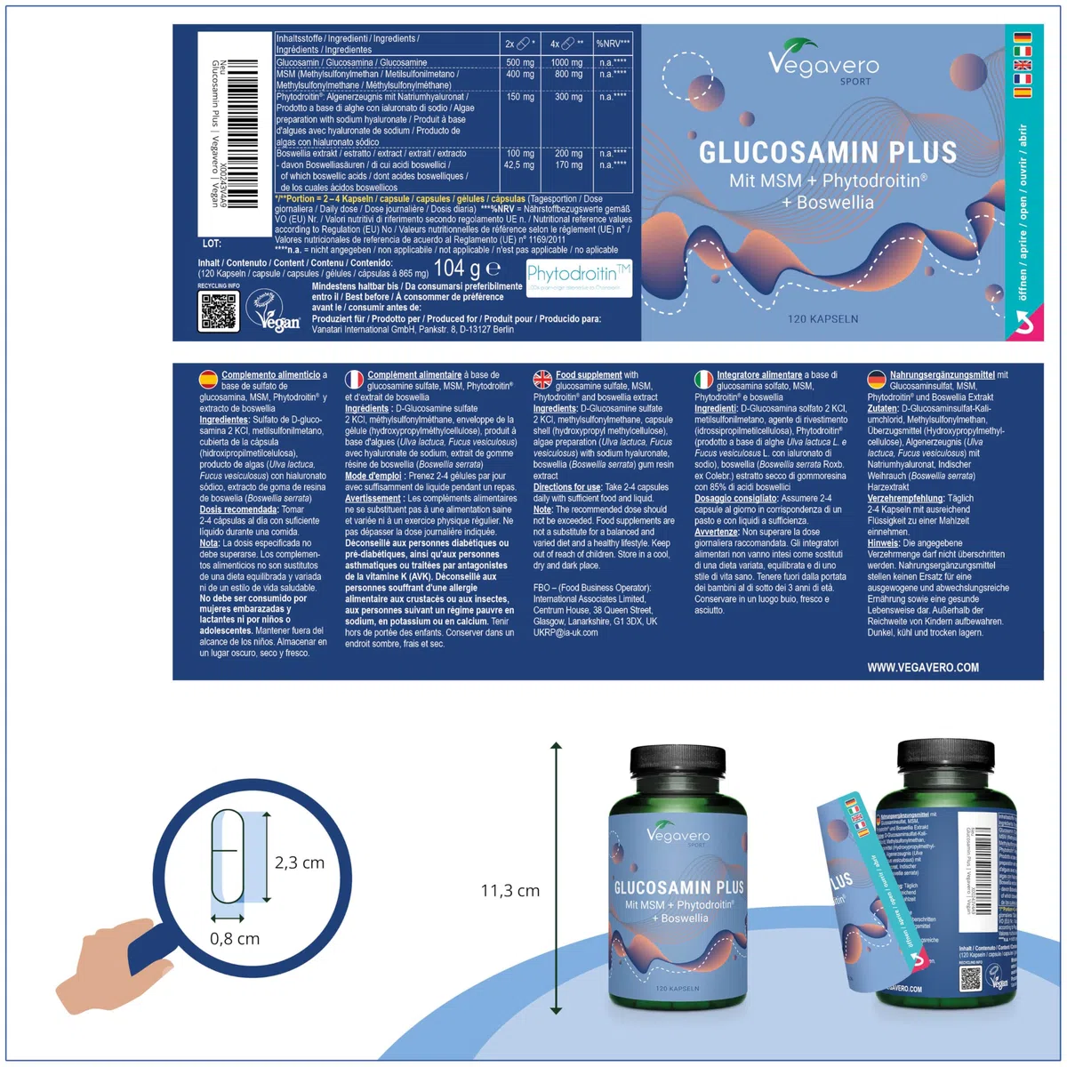 Glucosamina, Condroitina, MSM y Boswellia | Para Articulaciones, Cartílago y Colágeno | 120 Cápsulas | Antiinflamatorio | ALTA CONCENTRACIÓN | 100% Vegano y Sin Aditivos | Vegavero