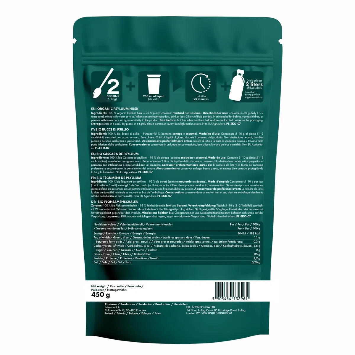 Intenson Psyllium Husk Orgánico, 450 g, Certificado Orgánico UE, Alto Contenido en Fibra, 100% Natural, Vegano, Apto para Dieta Keto, Sin Gluten, Sin Aditivos