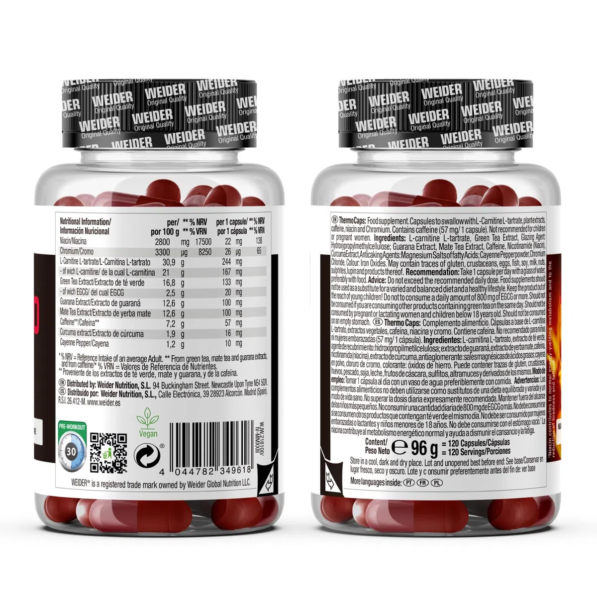 Weider Thermo Caps Disminuye el Apetito, Potente Fórmula Termogénica con Cafeína; Enriquecido con Cromo, Cúrcuma, L-Carnitina, 120 Capsulas