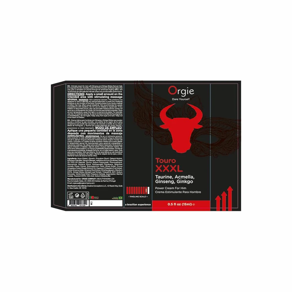 Touro XXXL Crema Masculina Estimulante con Efecto Vibrador y Sensación de Volumen | Ginseng, Acmella y Taurina | Potenciador de Erección | 15ml