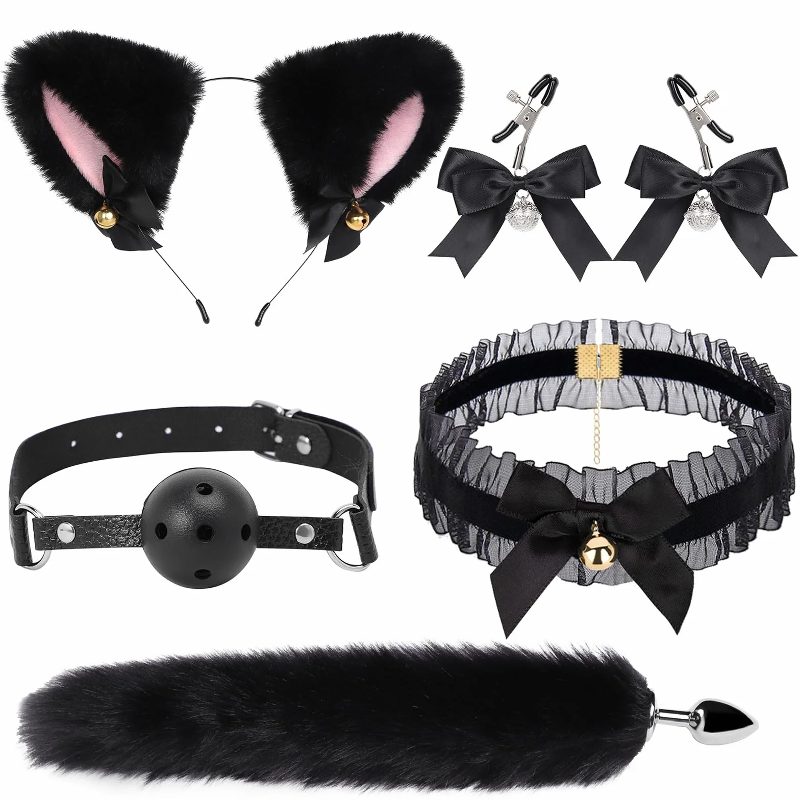 Plug Anal Con Cola Juego De Rol Orejas De Gato Mordaza Campanas Collar Pezón Pinzas 5 Piezas Juguetes Sexuales Para Hombres Mujeres (Black)
