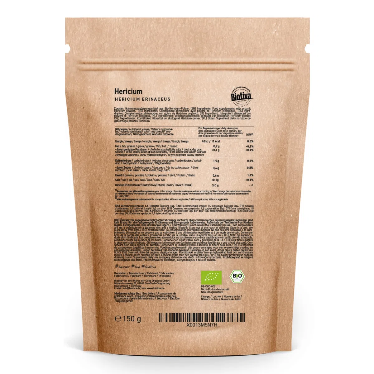 Biotiva Polvo de melena de león orgánica - melena de león - Hericium erinaceus - vegano - llenado y certificado en Alemania (DE-ÖKO-005)