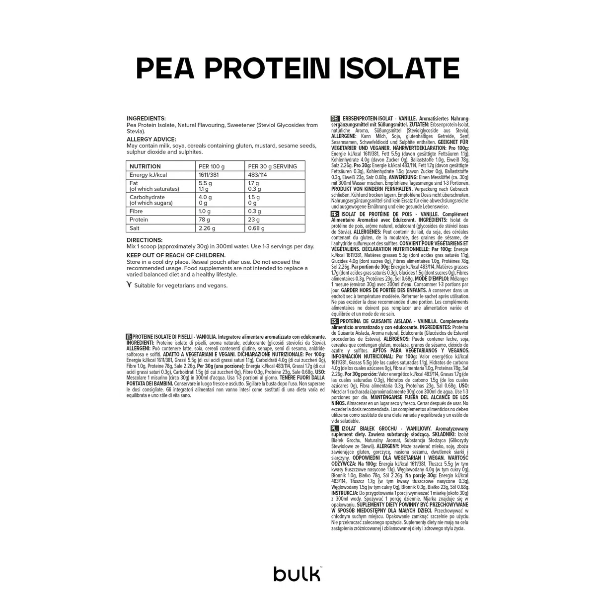 Bulk Proteína de Guisante Aislada, Vainilla, 1 kg, 33 dosis