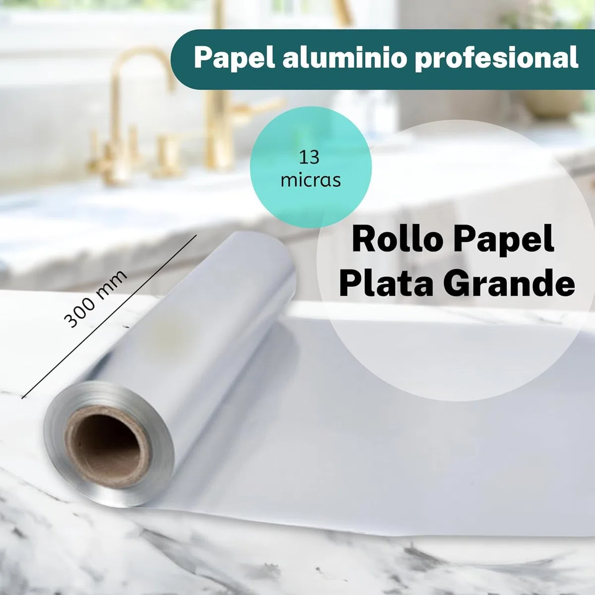 Papel Aluminio Industrial Profesional - Rollo Plata Grande de 300 mm y 13 Micras - Papel con Sierra para Corte, para Cocina, Alimentación, Catering o Peluqueria (1 Unidad)
