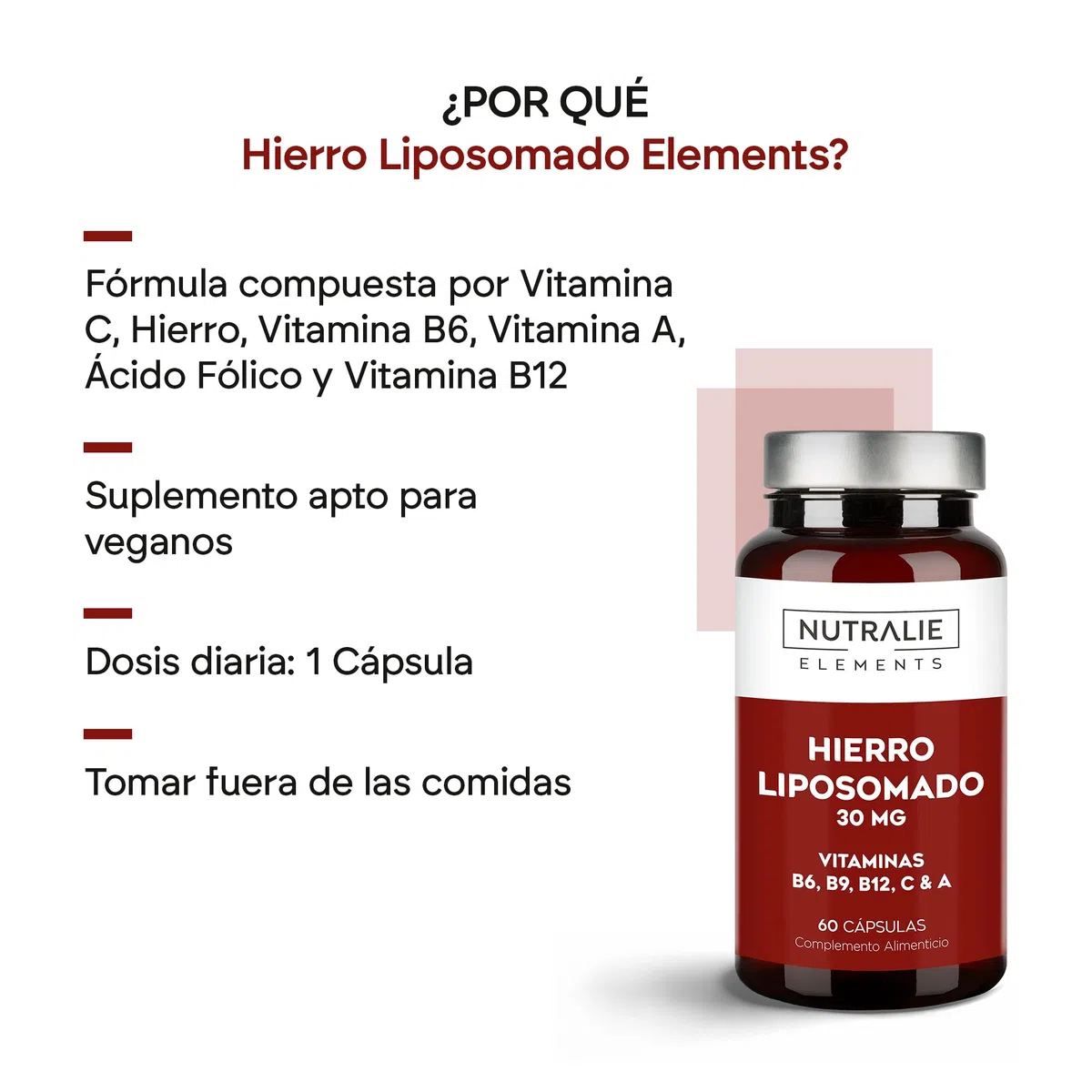 Hierro Liposomado 30mg Cansancio y Fátiga - Con Vitamina C, B12 Ácido Fólico, A y B6 - Hierro Suplemento - 60 Cápsulas Liposomal Iron Nutralie