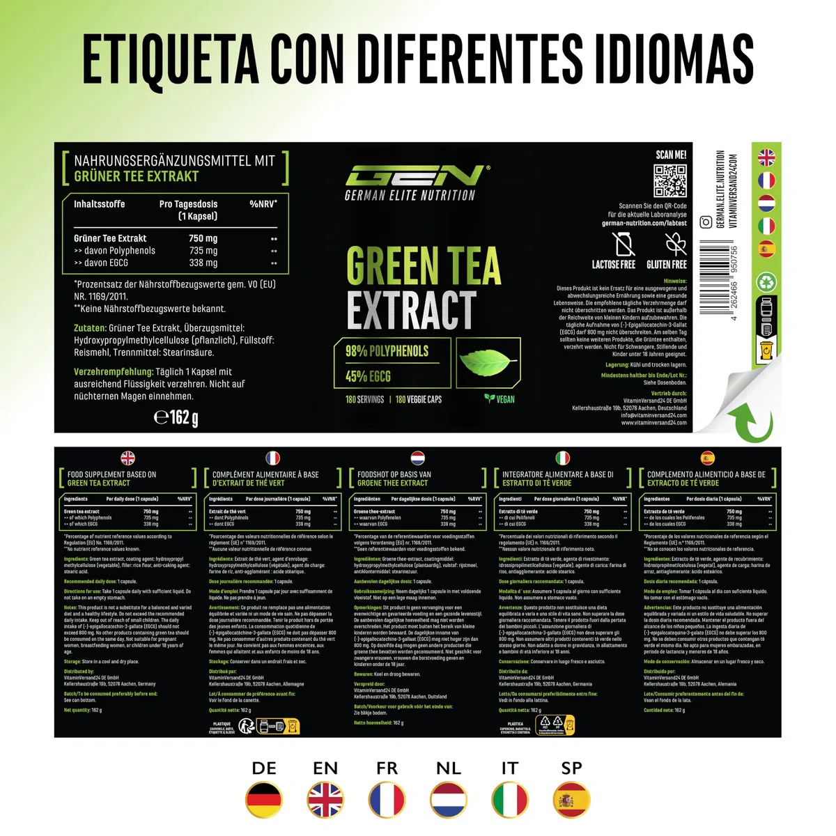 Extracto de Té Verde - 180 cápsulas - Dosis extra alta con 750mg de extracto de té verde por cápsula - 95% polifenoles & 45% EGCG - Té verde sin aditivos indeseados - Vegano