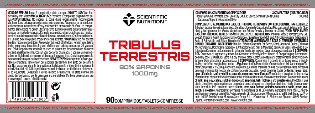 Scientiffic Nutrition - Tribulus Terrestris 1000mg 90% Saponinas, Aumenta la Producción de Testosterona, la Masa Muscular, la Fiuerza y Ayuda a la Recuperación - 90 Cápsulas.
