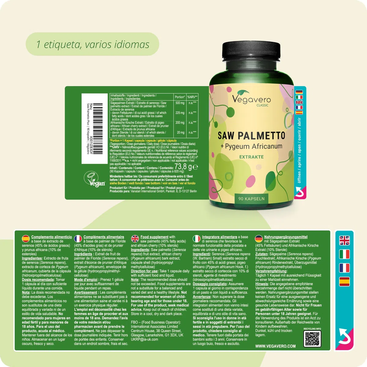 Vegavero Saw Palmetto + Pygeum Africanum | 700 mg de Extracto | Para 3 Meses (90 Cápsulas) | Extractos Estandarizados 45% Ácidos Grasos & 10% Esteroles | Testado en Laboratorio | Sin Aditivos y Vegano