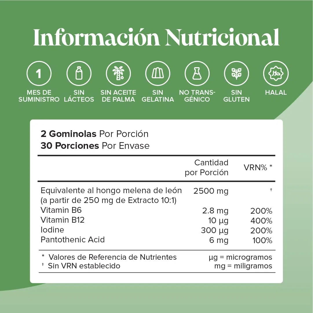 Melena de León 2500 mg - 60 Gominolas - con Vitaminas B6, B12 y Yodo - Vegano - Nootropicos Memoria y Concentracion - Alternativa a Melena De Leon Capsulas - para 1 Mes - Lions Mane - Novomins