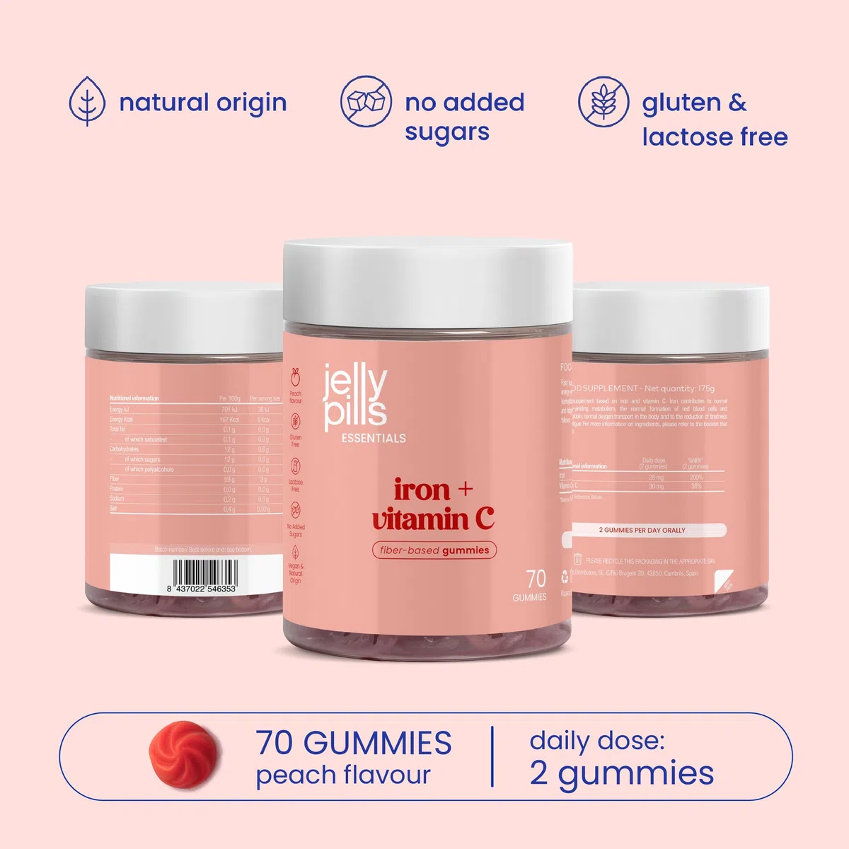 Jelly Pills Gominolas de Hierro 28 mg con Vitamina C 30 mg - alta dosis - 70 Gummies Veganas - Sin Azúcares Añadidos - Sabor Melocotón Natural - Energía y Glóbulos Rojos